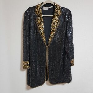 Vintage Rina Z Elegant Black and Gold Sequin and Beaded Jacket